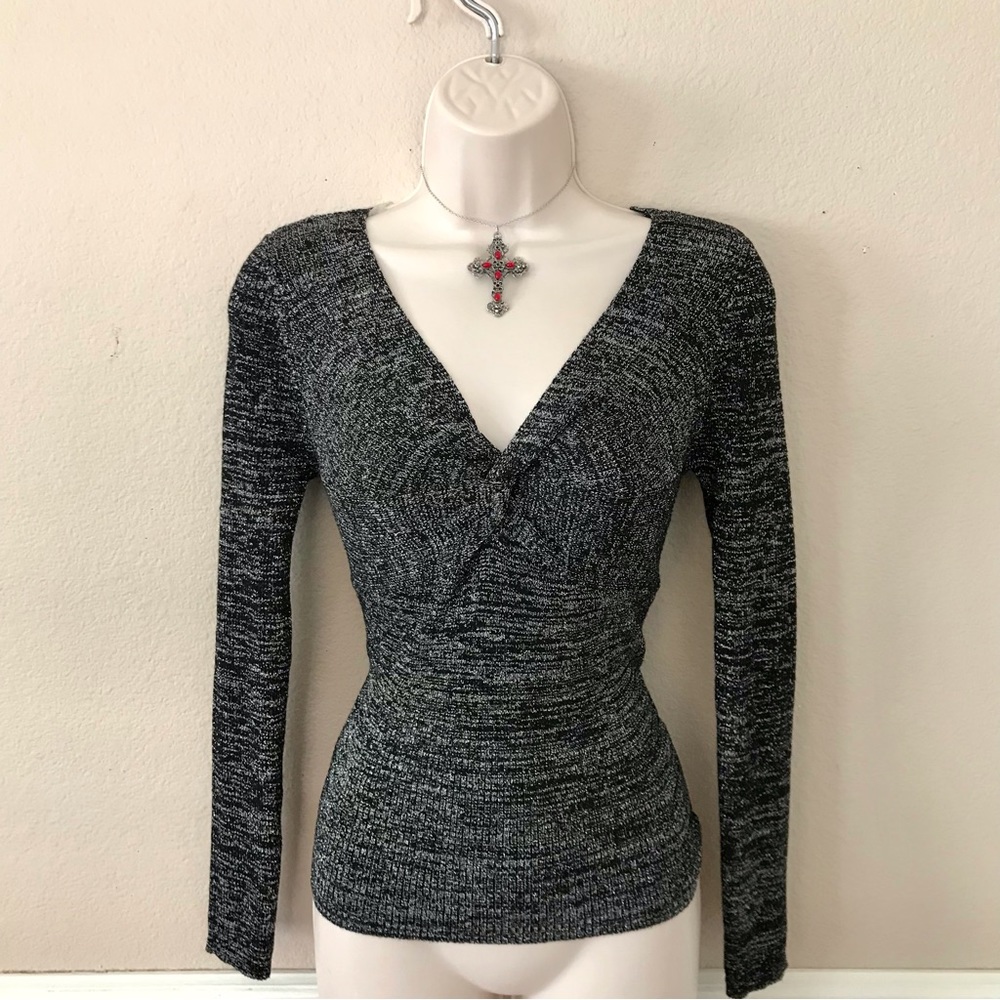 90s Y2K Style Sexy Black Silver Metallic V-neck Knit Goth Grunge Sweater Medium